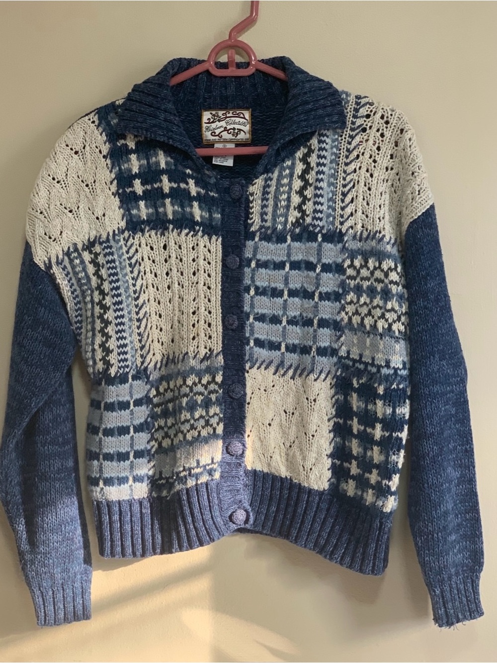Vintage 1996 Heirloom Collectibles Patchwork Knit Cardigan Sweater Small Blue